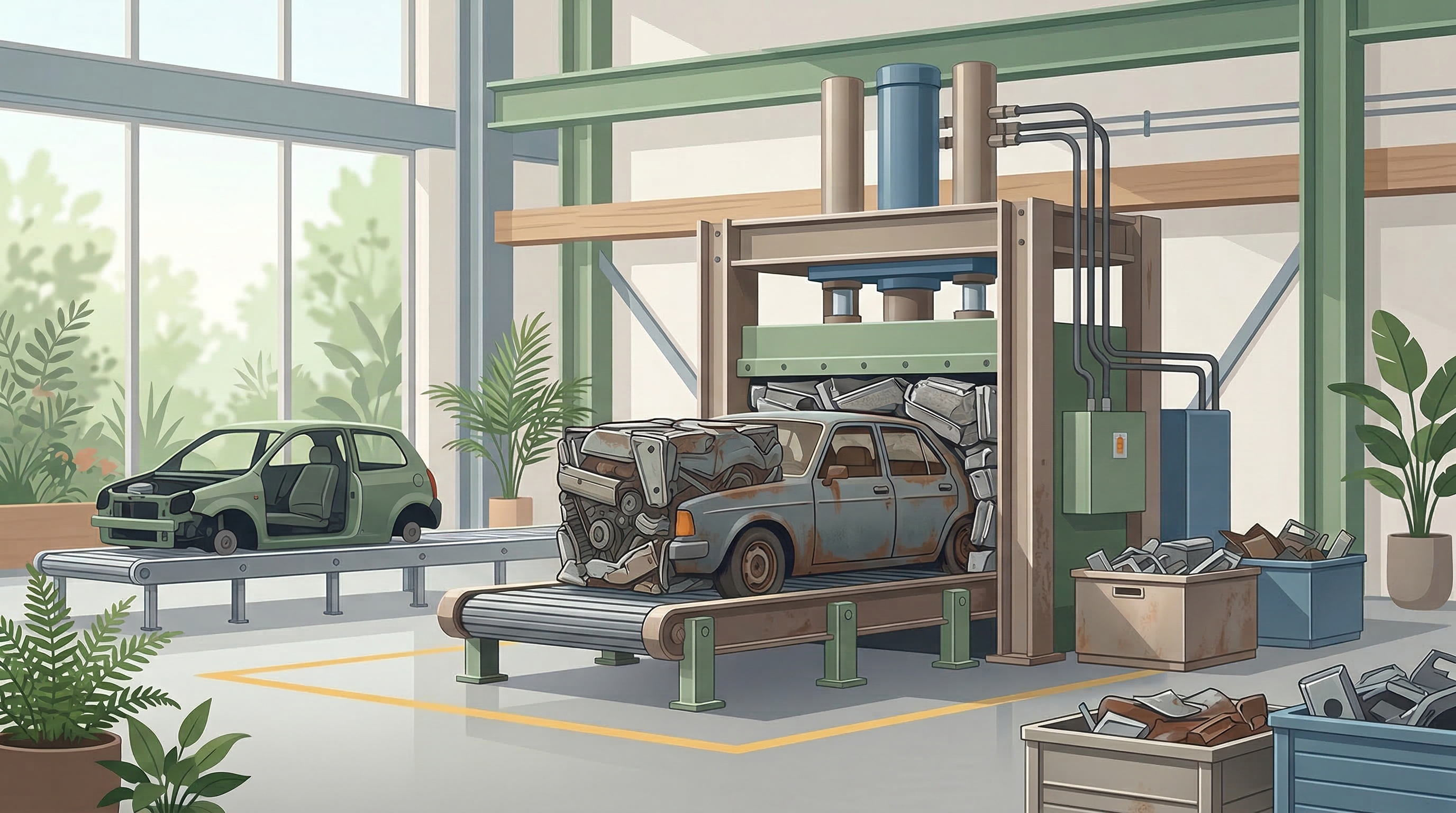 Illustration of a clean vehicle recycling facility with one car being compacted for recycling.